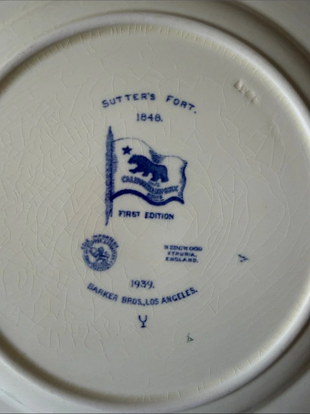 1939 Wedgewood Republic Plate Sutter's Fort 1848 Barker Bros 1st Edition